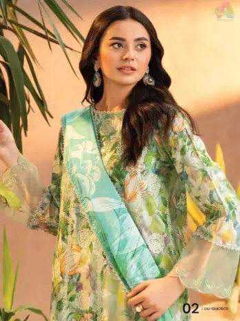 Close-up of Gullbano by Gulljee Vol 5 D-01 highlighting the digital printed lawn embroidery on the front and the intricate design