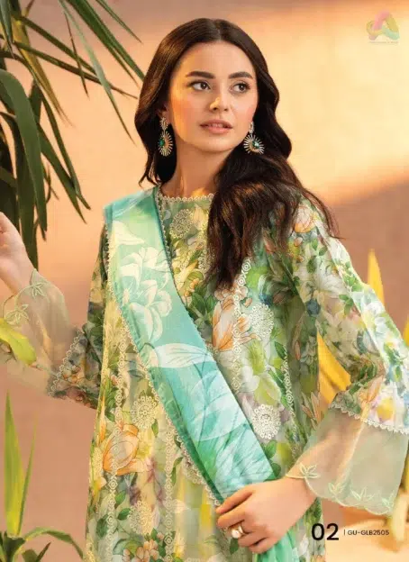 Close-up of Gullbano by Gulljee Vol 5 D-01 highlighting the digital printed lawn embroidery on the front and the intricate design