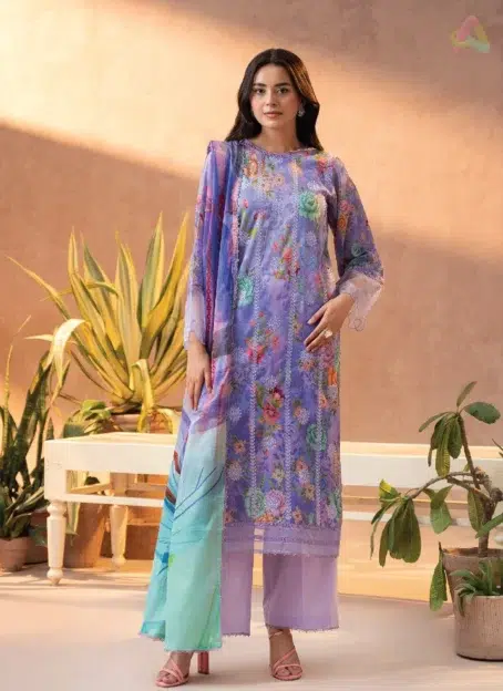Gullbano by Gulljee Vol 5 D-02 front view showcasing vibrant digital printed lawn embroidery with intricate patterns, perfect for summer events