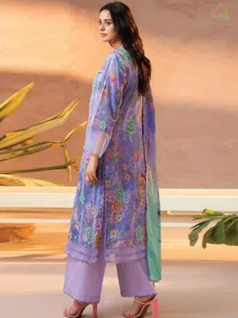 Back view of Gullbano by Gulljee Vol 5 D-02 featuring matching digital printed lawn design and embroidered details for a cohesive look