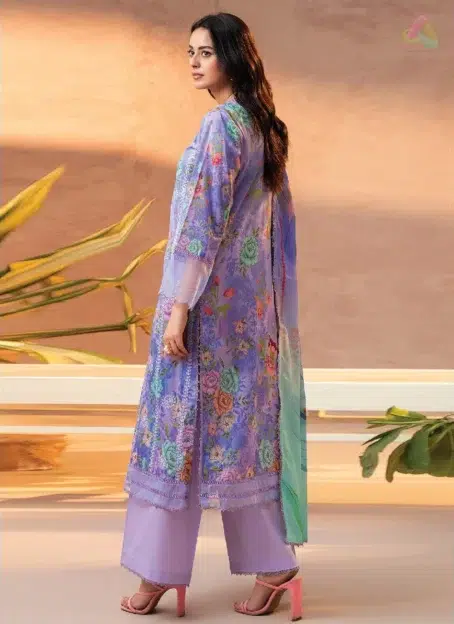 Back view of Gullbano by Gulljee Vol 5 D-02 featuring matching digital printed lawn design and embroidered details for a cohesive look
