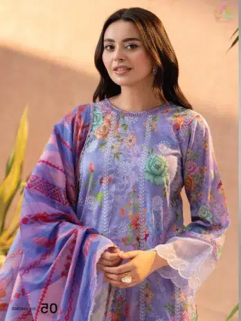 Close-up of Gullbano by Gulljee Vol 5 D-02 showing the detailed embroidery on the front with vibrant digital prints and luxurious fabric