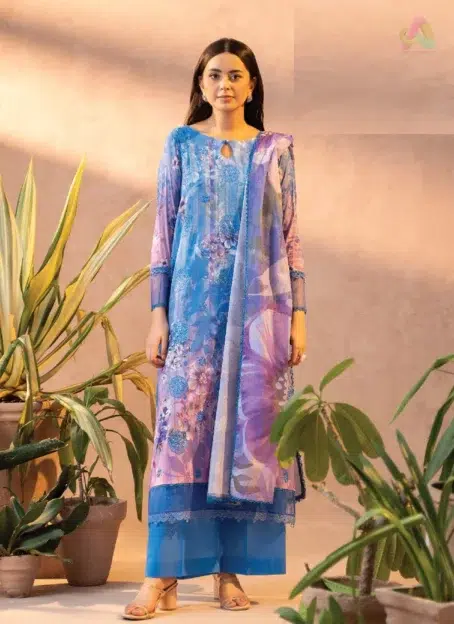 Gullbano by Gulljee Vol 5 D-03 front view featuring intricate digital printed lawn design with embroidered details, perfect for elegant summer events