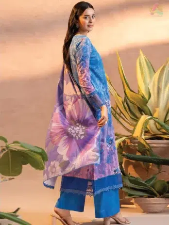 Back view of Gullbano by Gulljee Vol 5 D-03 showcasing matching digital printed lawn design and embroidered sleeves for a sophisticated look