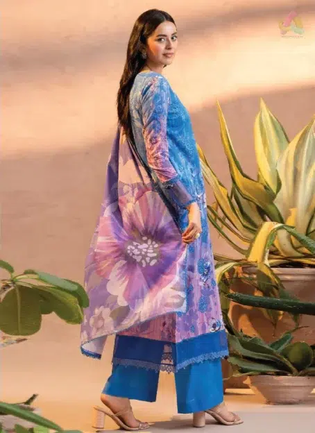 Back view of Gullbano by Gulljee Vol 5 D-03 showcasing matching digital printed lawn design and embroidered sleeves for a sophisticated look