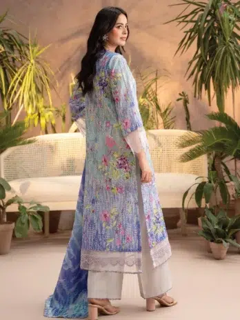 Back view of Gullbano by Gulljee Vol 5 D-04 featuring matching digital printed lawn design and embroidered sleeves, ensuring a coordinated look