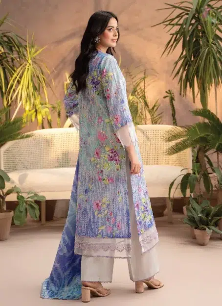 Back view of Gullbano by Gulljee Vol 5 D-04 featuring matching digital printed lawn design and embroidered sleeves, ensuring a coordinated look