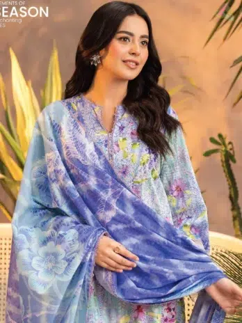 Close-up of Gullbano by Gulljee Vol 5 D-04 showing the embroidered neckline and vibrant digital prints on the fabric, offering an elegant design