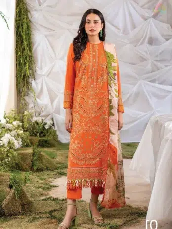 Front view of Jasmine by Gulljee D-01 embroidered lawn shirt with elegant lace detailing from Gulljee lawn 2025 and summer collection