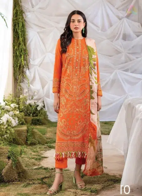 Front view of Jasmine by Gulljee D-01 embroidered lawn shirt with elegant lace detailing from Gulljee lawn 2025 and summer collection