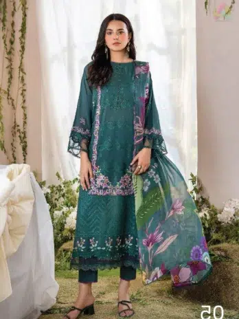Front view of Jasmine by Gulljee D-03 showing embroidered lawn front with intricate detailing—from the Gulljee Lawn 2025 summer collection.