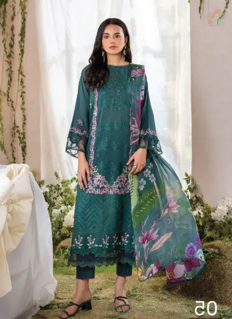 Front view of Jasmine by Gulljee D-03 showing embroidered lawn front with intricate detailing—from the Gulljee Lawn 2025 summer collection.