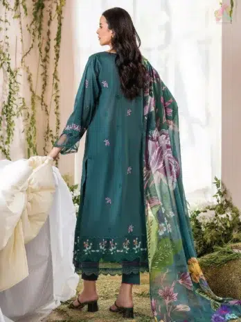 Back side of Jasmine by Gulljee D-03 showcasing dyed embroidered lawn back and sleeves—premium quality from the Gulljee Jasmine Collection.