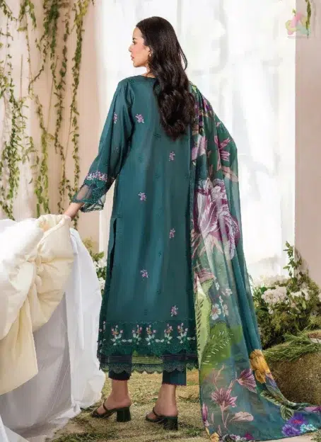 Back side of Jasmine by Gulljee D-03 showcasing dyed embroidered lawn back and sleeves—premium quality from the Gulljee Jasmine Collection.