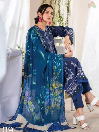 Close-up of Jasmine by Gulljee D-05 embroidered lace and luxury lawn texture, highlighting craftsmanship from Gulljee clothing