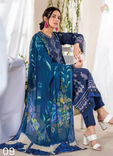 Close-up of Jasmine by Gulljee D-05 embroidered lace and luxury lawn texture, highlighting craftsmanship from Gulljee clothing