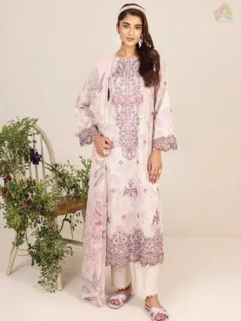 Front view of Sofia By Sanam Saeed D-01 featuring a digitally printed embroidered lawn shirt from Puri Fabrics' 2025 lawn and summer collection.