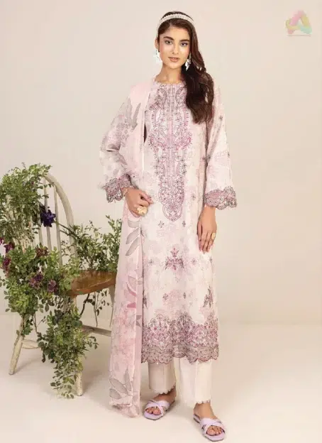 Front view of Sofia By Sanam Saeed D-01 featuring a digitally printed embroidered lawn shirt from Puri Fabrics' 2025 lawn and summer collection.