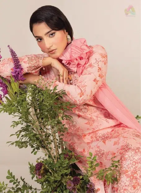 Close-up of embroidery and fabric detail on Sofia By Sanam Saeed D-02, highlighting premium stitching from the Puri Fabrics Eid collection 2025