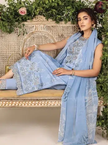 Model wearing Sofia By Sanam Saeed D-03 lawn suit with chiffon dupatta, part of the Puri Fabrics summer collection and Eid 2025 line.