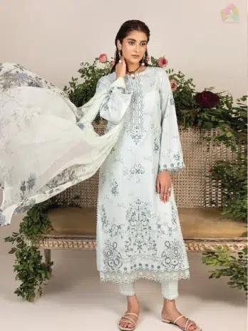 Front view of Sofia By Sanam Saeed D-04 embroidered lawn shirt from Puri Fabrics lawn 2025, styled for summer and Eid 2025