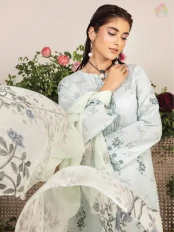 Close-up embroidery details on Sofia By Sanam Saeed D-04 lawn shirt, showcasing threadwork from Puri Fabrics clothing collection