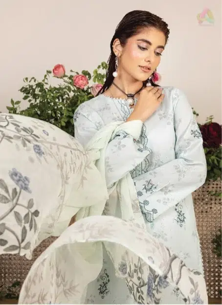 Close-up embroidery details on Sofia By Sanam Saeed D-04 lawn shirt, showcasing threadwork from Puri Fabrics clothing collection