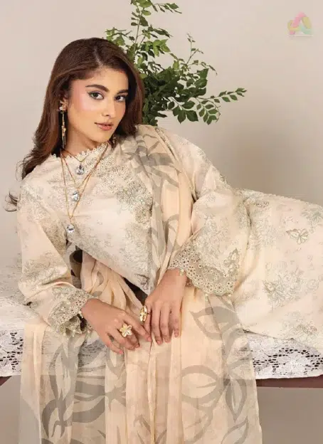 Close-up of embroidery on Sofia By Sanam Saeed D-07 showcasing intricate lawn detailing from Puri Fabrics' lawn 2025 series