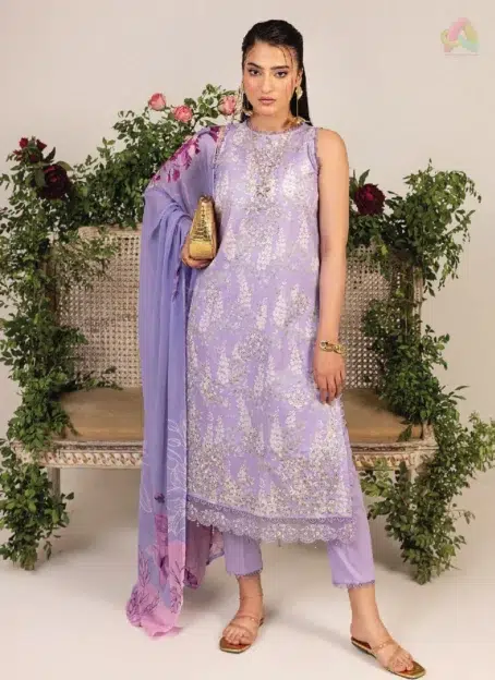 Front view of Sofia By Sanam Saeed D-08 featuring digital printed embroidered lawn by Puri Fabrics from their summer 2025 and Eid collection