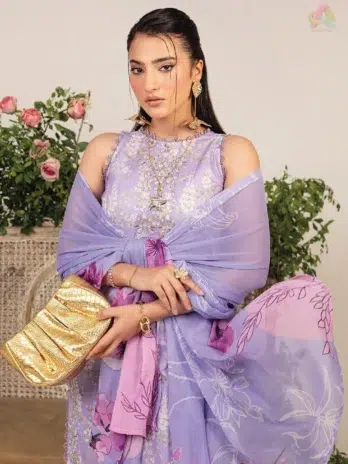 Close-up of embroidery and digital print on Sofia By Sanam Saeed D-08 lawn front and sleeves by Puri Fabrics