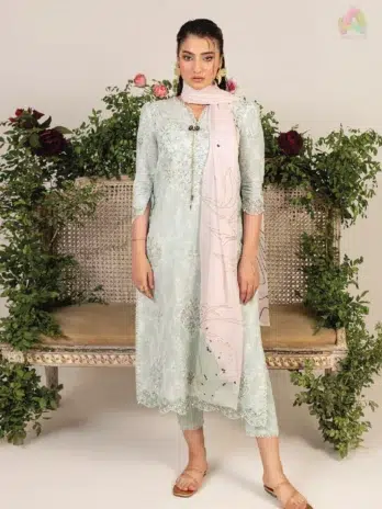 Front design of Sofia By Sanam Saeed D-09 with embroidered lawn by Puri Fabrics, part of the 2025 summer collection and Eid special lawn launch