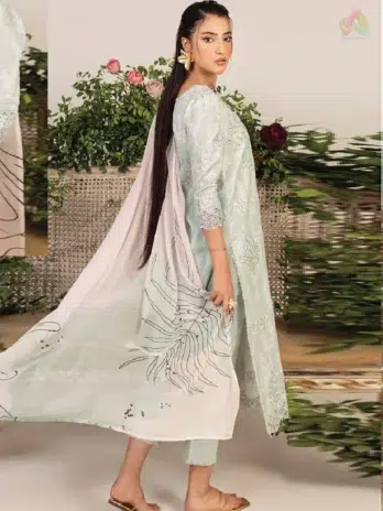 Back view of Sofia By Sanam Saeed D-09 showcasing digitally printed lawn pattern from the Puri Fabrics lawn 2025 and summer collection