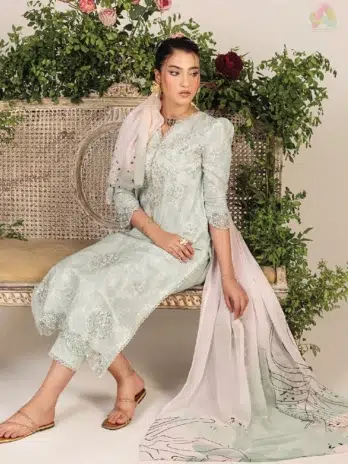 Close-up of embroidered lawn front and sleeves from Sofia By Sanam Saeed D-09, designed by Puri Fabrics for their 2025 new arrivals