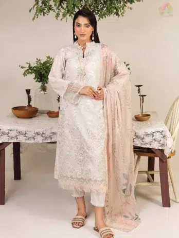 Front view of Sofia By Sanam Saeed D-10 showing embroidered lawn shirt from Puri Fabrics lawn 2025 summer and Eid collection