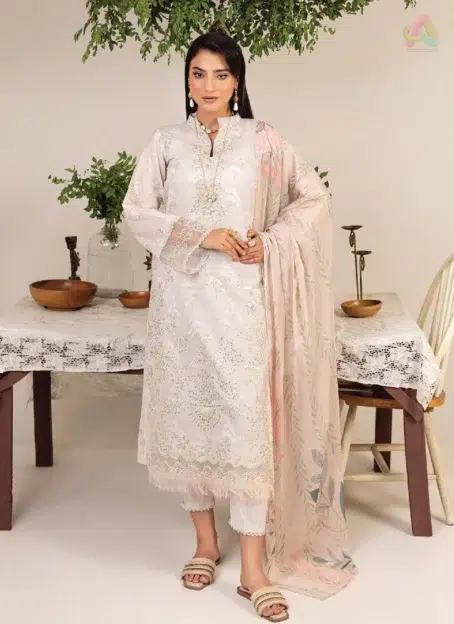 Front view of Sofia By Sanam Saeed D-10 showing embroidered lawn shirt from Puri Fabrics lawn 2025 summer and Eid collection