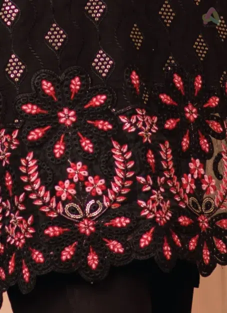 Close-Up Image: Close-up view of embroidery on shirt and cutwork pattern on chiffon dupatta, highlighting DOR’s premium craftsmanship