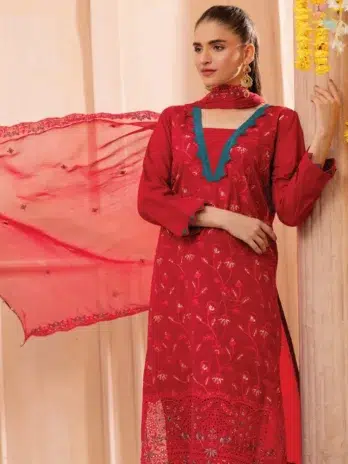 Full Image: Complete look of Zerlin by DOR D-02 featuring 3-piece embroidered lawn outfit with dupatta and shalwar in stylish summer setting