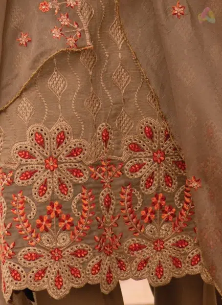 Close-Up Image: Detailed close-up of embroidery and chiffon dupatta cutwork from DOR lawn 2025, highlighting fine needlework and fabric texture