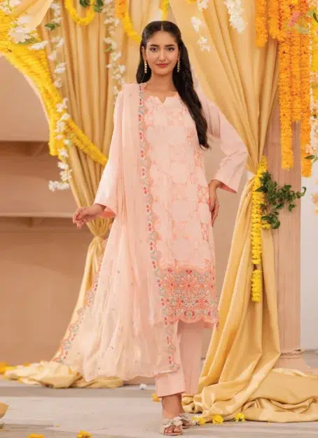 Front Image: Front view showing embroidered jaal and daman detailing on bana dora lawn shirt from Zerlin by DOR D-04 summer collection