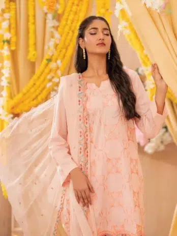 Full Image: Complete 3-piece view of Zerlin by DOR D-04 including shirt, chiffon dupatta, and shalwar styled for elegant summer wear