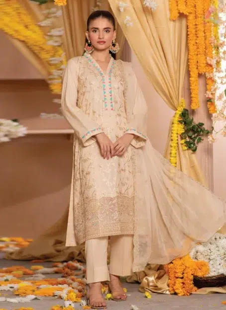 Front Image: Embroidered front view of bana dora lawn shirt featuring detailed jaal and daman patterns from Zerlin by DOR D-06