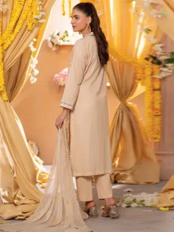 Back Image: Rear side of DOR D-06 lawn shirt with plain cotton shalwar, offering a modest and breathable summer fashion look