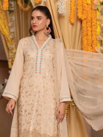 Full Image: Full 3-piece outfit of Zerlin by DOR D-06 including embroidered shirt, cutwork dupatta, and shalwar styled for formal summer wear