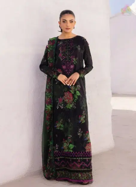 Front view of Ziva by Gulljee Vol 8 D-01 showcasing digital printed lawn with sequin embroidered organza neckline from Gulljee lawn 2025 collection