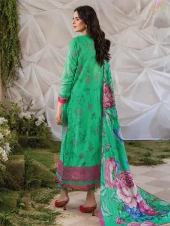 Back view of Ziya by Binaas D-01 showcasing digital printed lawn and intricate embroidery on the sleeves