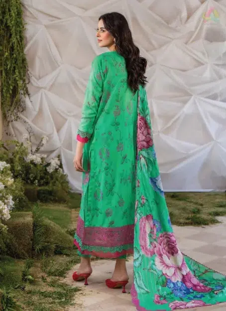 Back view of Ziya by Binaas D-01 showcasing digital printed lawn and intricate embroidery on the sleeves