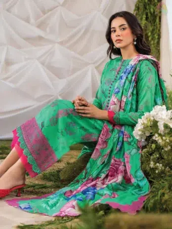 Close-up of the embroidered organza neckline and lace detailing on Ziya by Binaas D-01, part of the 2025 summer collection.