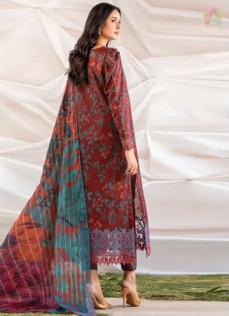 Back view of Ziya by Binaas D-02 with matching digital printed lawn and embroidery on sleeves, offering a sophisticated design