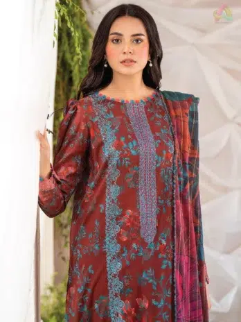 Close-up of Ziya by Binaas D-02 showing the embroidered organza neckline and lace detailing, with vibrant digital prints