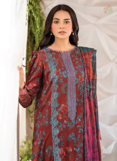 Close-up of Ziya by Binaas D-02 showing the embroidered organza neckline and lace detailing, with vibrant digital prints